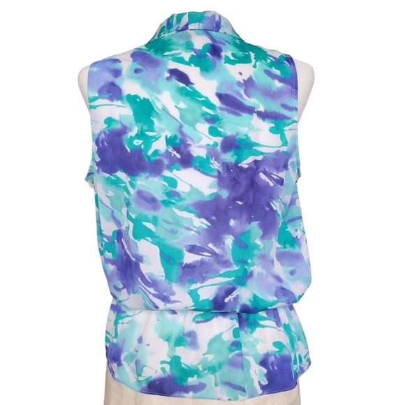Anne Klein Flowy Fake Wrap Green Blue White Blouse Scooped Waist Women’s Size L - Picture 4 of 12